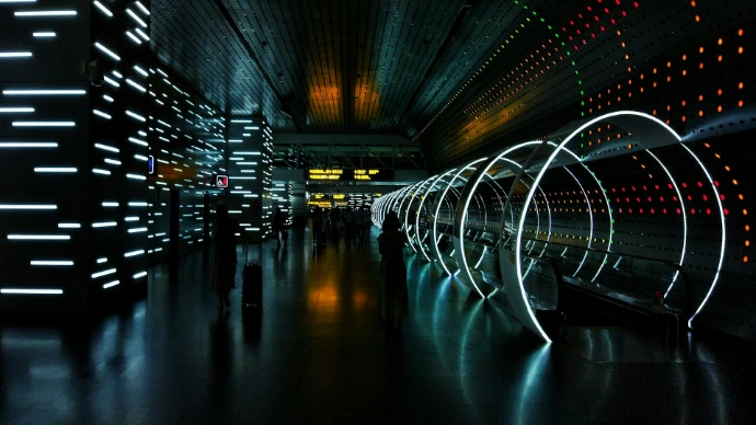 black and white tunnel with lights